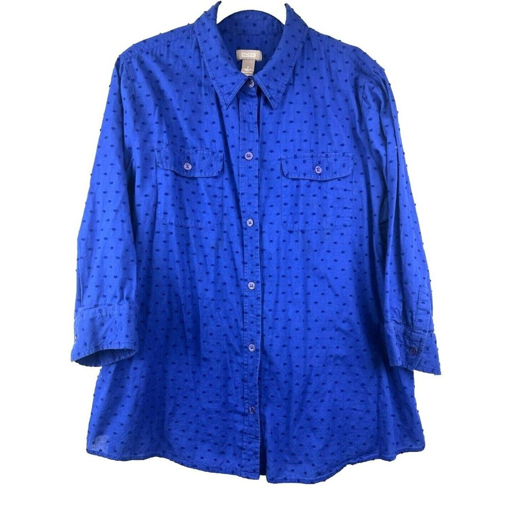 Chicos Women Blouse Top Large Royal Blue Button Up 3/4 Sleeve Gauzy Dotted Swiss